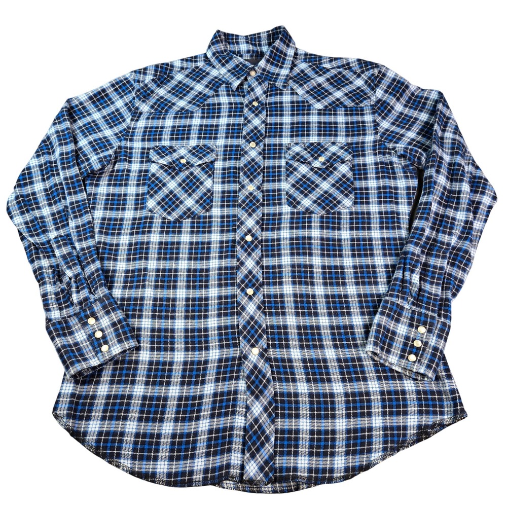Wrangler Men's Blue Black Plaid Western Snap Flannel Shirt Long Sleeve Sz Medium